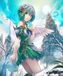  :d angel_wings aqua_eyes artist_request bare_tree belt boots cloud cloudy_sky cygames eyebrows_visible_through_hair flower gold_trim green_hair green_skirt hair_flower hair_ornament lens_flare looking_at_viewer miriam_(shadowverse) open_mouth pointy_ears ribbon shadowverse shingeki_no_bahamut short_hair skirt sky smile snow spruce tree wings 