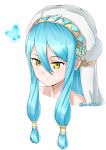  anklet aqua_(fire_emblem_if) bad_id bad_twitter_id blue_hair dress fingerless_gloves fire_emblem fire_emblem_heroes fire_emblem_if gloves grimmelsdathird hair_between_eyes hairband highres jewelry long_hair looking_at_viewer simple_background solo veil very_long_hair yellow_eyes 
