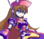  alternate_design beret blue_eyes breasts brown_hair commentary_request hair_between_eyes hat humanoid_robot iris_(rockman_x) long_hair robot_ears rockman rockman_x simple_background solo upper_body very_long_hair white_background yuusuke_(5yusuke3) 