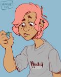  brown_skin clothed clothing freckles hair holding_object human mammal marble not_furry pink_hair shirt simple_background solo verrest 