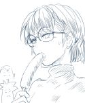  chrono_trigger commentary_request crono eating glasses hot_dog lucca_ashtear magus monochrome multiple_boys pointy_ears s-a-murai sexually_suggestive short_hair sketch sweat 