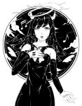  1girl alice_(bendy_and_the_ink_machine) bendy_and_the_ink_machine black_hair black_lips breasts detached_sleeves gloves halo hips horns long_hair 