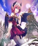  :d artist_request bare_shoulders bare_tree belt boots cloud cloudy_sky cygames demon_girl demon_horns demon_wings eyebrows_visible_through_hair fang garter_straps gold_trim horns lens_flare looking_at_viewer miriam_(shadowverse) open_mouth pointy_ears red_eyes red_hair red_skirt shadowverse shingeki_no_bahamut short_hair skirt sky smile snow spruce thighhighs tree wings 