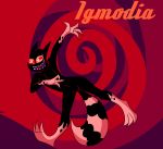  2018 absurd_res anthro black_body claws demon digital_drawing_(artwork) digital_media_(artwork) floating full-length_portrait hi_res igmodia_(redcoonie) incubus male mammal multicolored_body open_mouth portrait pose procyonid raccoon red_eyes redcoonie simple_background smile solo spiral suspended_in_midair teeth toes toony 
