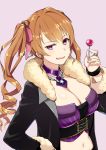  black_coat breasts brown_hair candy choker cleavage figureheads food fur_trim hair_ribbon hand_on_hip hand_up holding_candy jewelry large_breasts lollipop long_hair midriff navel necklace purple_choker purple_eyes ribbon ring sakumo_(karatama) side_ponytail simple_background solo wristband 