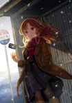  absurdres black_skirt brown_eyes brown_hair brown_jacket brown_legwear bus_stop can day hand_in_pocket highres jacket long_hair looking_at_viewer original outdoors pantyhose red_scarf scarf school_uniform skirt snowing solo standing white_sky wool103 