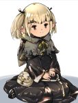  black_footwear black_legwear black_robe blonde_hair boots brown_eyes circlet final_fantasy final_fantasy_xiv full_body handbag lalafell pointy_ears robe sakumo_(karatama) short_hair short_twintails sitting smile twintails wariza white_background 