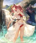  :d bangs bikini blue_sky breasts crossed_arms day diadem floating_hair fran's_attendant fran_(shadowverse) grey_eyes long_hair looking_at_viewer n.a. navel official_art open_mouth outdoors pink_hair purple_skin red_bikini sarong see-through shadowverse sky small_breasts smile standing swimsuit twintails wading water wristband 