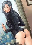  ass breasts earrings grey_hair jewelry long_hair looking_at_viewer nail_polish necklace niijima_sae no_pants open_mouth otk_king panties persona persona_5 red_eyes solo underwear window 