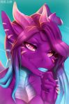  2018 5_fingers anthro biped blue_background blue_hair blue_scales blue_teeth bust_portrait colored_nails dragon eyelashes female hair horn long_hair looking_at_viewer multicolored_hair multicolored_scales pink_nails portrait purple_ears purple_eyes purple_hair purple_scales radiant_scar reptile scales scalie selianth_(character) simple_background slit_pupils smile solo teeth two_tone_hair two_tone_scales 