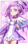  bangs bow choker collarbone covered_nipples cure_sword detached_sleeves dokidoki!_precure earrings grey_bow hair_ornament hairclip hanzou high_ponytail highres jewelry kenzaki_makoto long_hair long_sleeves looking_at_viewer miniskirt parted_bangs precure purple_bow purple_hair purple_sleeves shiny shiny_hair skirt smile solo standing 