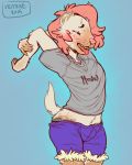  anthro blush brown_skin claws clothed clothing ferret freckles fur hair half-closed_eyes mammal mustelid open_mouth pink_hair post_transformation sharp_teeth shirt simple_background smile solo standing stretching teeth tongue tongue_out verrest whiskers white_fur 