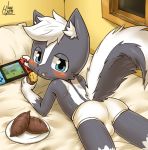  bed blue_eyes blush butt clothing cub food fur hair kambu_the_skunk male mammal mephitid nintendo nintendo_switch presenting presenting_hindquarters riroburo skunk solo sweet_potato underwear vegetable video_games white_fur young 