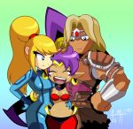  2girls absurdres arabian_clothes arm_around_waist blonde_hair breasts castlevania circlet closed_eyes commentary_request crossover hand_on_another's_head hand_on_hip highres looking_at_another metroid mike_harvey multiple_crossover multiple_girls navel open_mouth ponytail purple_hair samus_aran shantae_(character) shantae_(series) simon_belmondo smile stomach super_smash_bros. super_smash_bros._ultimate tan zero_suit 