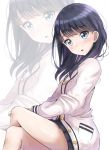  bangs black_hair black_skirt blue_eyes blush cardigan commentary_request crossed_legs eyebrows_visible_through_hair head_tilt highres long_hair long_sleeves looking_at_viewer parted_lips pleated_skirt sin_(sin52y) skirt solo ssss.gridman takarada_rikka white_background white_cardigan zoom_layer 