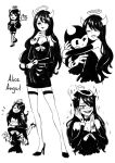  1boy 1girl alice_(bendy_and_the_ink_machine) bendy bendy_and_the_ink_machine black_hair breasts cleavage detached_sleeves gloves halo high_heels hips horns long_hair 