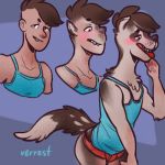  anthro blush brown_fur brown_hair brown_skin canine chest_tuft clothed clothing dog fur hair human human_to_anthro male mammal open_mouth pawpads paws sequence sharp_teeth shirt shorts simple_background smile solo tank_top teeth tongue tongue_out transformation tuft verrest white_fur 