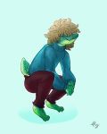  3_toes amphibian anthro blonde_hair clothed clothing crouching green_scales hair hair_over_eyes heather_(verrest) male messy_hair pants salamander scales simple_background smile solo sweater toes turtleneck verrest 