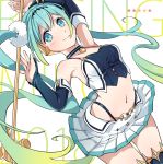  aqua_eyes aqua_hair armpits arms_up commentary_request detached_sleeves hatsune_miku highres long_hair looking_at_viewer midriff navel racing_miku racing_miku_(2018) sidelocks skirt solo thighhighs twintails very_long_hair vocaloid yuunagi_show 