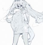 alternate_eye_color arm_up bangs blue daruma_owl fur_jacket fur_trim hair_between_eyes hand_in_pocket hand_up hatsune_miku highres jacket long_bangs long_hair long_sleeves looking_at_viewer monochrome pants red_eyes simple_background sleeves_pushed_up solo spot_color standing twintails very_long_hair vocaloid white_background zipper_pull_tab 