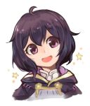  black_hair commentary_request fire_emblem fire_emblem:_kakusei hood hood_down mark_(female)_(fire_emblem) mark_(fire_emblem) nakabayashi_zun open_mouth purple_eyes short_hair simple_background solo white_background 