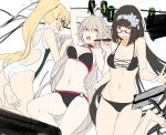  ahoge akinashi_yuu barefoot bikini black_hair blonde_hair breasts commentary_request fate/grand_order fate_(series) glasses hairband jeanne_d'arc_(alter_swimsuit_berserker) jeanne_d'arc_(fate)_(all) jeanne_d'arc_(swimsuit_archer) long_hair looking_at_viewer medium_breasts multiple_girls navel open_mouth osakabe-hime_(fate/grand_order) silver_hair swimsuit very_long_hair 
