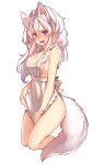  animal_ears apron apron_tug blush breasts chinese_commentary cleavage commentary_request embarrassed eyebrows fang full_body hair_between_eyes kneeling long_hair maid_apron medium_breasts mesme naked_apron nose_blush open_mouth original pink_eyes sideboob simple_background solo sweat tail white_apron white_background white_hair wolf_ears wolf_tail 