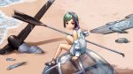  aircraft bare_legs beach commentary_request cracked crash destroyed detached_sleeves green_hair helicopter highres looking_at_viewer original purple_eyes rotor sand sandals short_hair sitting smile water welt_(kinsei_koutenkyoku) 