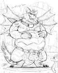  anthro belly big_belly drooling duo english_text frill horn jrbart licking licking_lips magnus_(spyro) male monochrome overweight saliva scalie spikes spyro spyro_reignited_trilogy spyro_the_dragon text tongue tongue_out video_games wings 