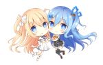  2girls :o armband bangs bare_shoulders black_legwear black_skirt blonde_hair blue_eyes blue_hair blue_neckwear blue_ribbon blush boots bow bowtie breasts brown_footwear capelet chibi closed_mouth collared_shirt commentary_request dress emori_el emori_miku emori_miku_project eyebrows_visible_through_hair frilled_dress frilled_shirt frilled_skirt frills gloves hair_between_eyes hair_bow hair_ornament hair_ribbon hairclip hands_together knee_boots loafers long_hair looking_at_viewer miniskirt multiple_girls one_side_up orange_neckwear panties parted_lips pleated_skirt ribbon ritacoeri shirt shoes side_slit sidelocks simple_background skirt sleeveless sleeveless_dress sleeveless_shirt smile symbol-shaped_pupils thighhighs underbust underwear very_long_hair wavy_hair white_background white_bow white_dress white_footwear white_gloves white_panties white_shirt zettai_ryouiki 