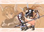  90s armored_boots ass blonde_hair blue_eyes boots breastplate gauntlets halberd head_wings holding_halberd holding_polearm holding_shield long_hair open_mouth pauldrons polearm sheath sheathed shield solo squatting sword thighhighs weapon yoshizane_akihiro zoom_layer 