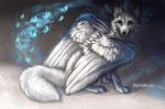  2018 ambiguous_gender black_nose canine detailed_background digital_media_(artwork) feathered_wings feathers flashw fox fur hybrid mammal solo white_feathers white_fur wings 
