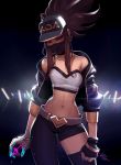  akali animated asymmetrical_clothes backlighting bandeau bangle baseball_cap belt belt_buckle bracelet breasts brown_hair buckle choker clenched_hand commentary contrapposto covered_mouth cropped_jacket earrings english_commentary eyeshadow face_mask fingerless_gloves gloves hat idol jacket jewelry k/da_(league_of_legends) k/da_akali league_of_legends long_hair looking_at_viewer makeup mask midriff mike_nesbitt navel necklace open_clothes open_jacket paint paint_splatter petite pink_hair sidelocks single_glove single_pantsleg single_thighhigh small_breasts solo spray_can standing thighhighs toned ultraviolet_light 