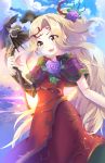  blonde_hair circlet cloud cloudy_sky commentary dress flower flower_on_head flower_ornament hair_flower hair_ornament highres holding holding_staff kid_icarus kid_icarus_uprising long_dress long_hair nachure plant purple_flower purple_rose red_dress rose sky solo squchan staff star_(sky) starry_sky very_long_hair vines yellow_eyes 