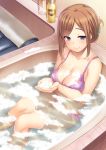 bangs bare_arms bare_shoulders bath bathing bathtub blue_eyes blush bra breasts brown_hair cleavage closed_mouth collarbone commentary_request cupping_hands eyebrows_visible_through_hair folded_ponytail from_above hair_ornament hairclip half-closed_eyes hijiri_tsukasa indoors lace lace-trimmed_bra lace-trimmed_panties large_breasts long_hair looking_at_viewer lotion_bottle original panties parted_bangs partially_submerged pink_bra pink_panties sidelocks smile soap_bottle soap_bubbles solo underwear underwear_only water 