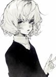  bangs commentary daruma_owl freckles greyscale hair_between_eyes hand_up highres looking_at_viewer monochrome original shirt_under_sweater simple_background solo symbol_commentary v white_background wing_collar 