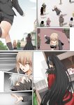  artoria_pendragon_(all) black_hair carrying comic commentary_request fate/grand_order fate_(series) ginhaha long_hair multiple_girls ponytail reaching_out red_clothes saber_alter semiramis_(fate) shorts silent_comic silver_hair very_long_hair yellow_eyes 