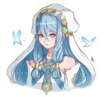  aqua_(fire_emblem_if) aqua_hair bug butterfly commentary fire_emblem fire_emblem_heroes fire_emblem_if highres insect jewelry long_hair necklace pendant sidelocks simple_background solo twitter_username veil white_background yellow_eyes younger zedoraart 