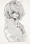  bangs commentary_request daruma_owl earrings greyscale hair_between_eyes hair_over_eyes hand_up highres jacket jewelry long_sleeves monochrome original short_hair simple_background solo upper_body zipper_pull_tab 