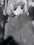  blurry blurry_background daruma_owl depth_of_field greyscale highres jacket looking_at_viewer monochrome original short_hair solo 