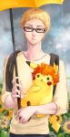  absurdres backpack bag blonde_hair brown_eyes day glasses haikyuu!! highres holding holding_umbrella i-sol-e looking_at_viewer male_focus outdoors pikachu pokemon rain tsukishima_kei umbrella upper_body yellow_umbrella 