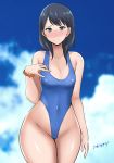  bare_shoulders black_hair blue_eyes blush breasts cloud day highleg highleg_swimsuit highres hips long_hair looking_at_viewer one-piece_swimsuit red_scrunchie scrunchie shibusun solo ssss.gridman swimsuit takarada_rikka thighs wrist_scrunchie 