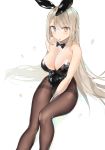  :p animal_ears bare_shoulders between_legs black_neckwear blonde_hair blue_eyes blush bow bowtie breasts brown_legwear bunny_ears bunny_girl bunnysuit cleavage detached_collar eyebrows_visible_through_hair hand_between_legs heterochromia highres large_breasts leotard light_brown_hair long_hair looking_at_viewer original pantyhose sabet_(young_ouo) sidelocks simple_background sitting solo thighband_pantyhose tongue tongue_out very_long_hair white_background wrist_cuffs yellow_eyes 