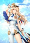  adjusting_hat asymmetrical_clothes blonde_hair blue_sky breasts capelet cloud day hat highres holding holding_weapon i-sol-e long_hair medal medium_breasts military military_uniform red_eyes seven_knights single_pantsleg sky standing uniform very_long_hair water weapon wrist_cuffs 