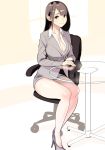  black_hair breasts business_suit chair cleavage collared_shirt dress_shirt dytm formal glass_table high_heels highres miniskirt office_chair office_lady original shirt sitting skirt skirt_suit solo suit table thighs 