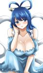  absurdres bare_shoulders blue_dress blue_eyes blue_hair blush breasts cleavage collarbone commentary_request cowboy_shot dated detached_sleeves dress eyebrows_visible_through_hair hair_ornament hair_rings hair_stick hand_in_hair hanging_breasts highres hisin kaku_seiga large_breasts leaning_forward open_mouth puffy_short_sleeves puffy_sleeves shawl short_sleeves signature simple_background solo touhou white_background 