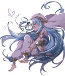  anklet aqua_(fire_emblem_if) aqua_hair barefoot bug butterfly commentary_request fire_emblem fire_emblem_heroes fire_emblem_if hair_between_eyes insect jewelry long_hair necklace nekolook pants pendant simple_background solo veil white_background yellow_eyes younger 