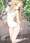  abigail_williams_(fate/grand_order) absurdres bangs bare_arms bare_legs bare_shoulders barefoot blonde_hair blue_eyes blush closed_mouth collarbone fate/grand_order fate_(series) forehead head_tilt highres long_hair looking_at_viewer old_school_swimsuit one-piece_swimsuit parted_bangs polka_dot polka_dot_scrunchie purple_scrunchie school_swimsuit scrunchie shower_head soles solo swimsuit twitter_username tyone very_long_hair white_swimsuit wrist_scrunchie 