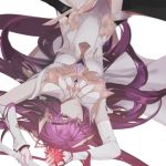  arms_up breasts cape collared_dress dow elbow_gloves flower gem gloves hair_ornament holding holding_flower karin_(seven_kinghts) looking_at_viewer lying on_back parted_lips petals pink_hair purple_eyes red_flower seven_knights simple_background small_breasts white_background 