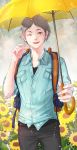  ;d absurdres backpack bag black_pants blue_shirt commentary_request flower grey_hair haikyuu!! hand_up highres holding holding_umbrella i-sol-e looking_at_viewer male_focus mole mole_under_eye one_eye_closed open_mouth outdoors pants rain shirt smile solo standing sugawara_koushi umbrella yellow_umbrella 